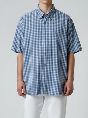 Wrangler Mens Blue Checked Short-Sleeve Button-Down Shirt